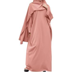 imageIDOPIP Abayas for Women Muslim Dress with Hijab OnePiece Long Sleeve Islamic Prayer Dress with Khimar Jilbab Kaftan ClothesPink 1pc Dress Only