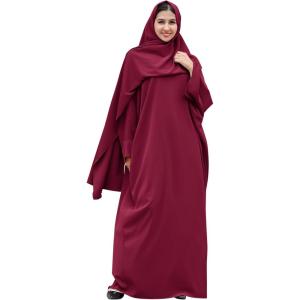 imageIDOPIP Abayas for Women Muslim Dress with Hijab OnePiece Long Sleeve Islamic Prayer Dress with Khimar Jilbab Kaftan ClothesWine Red  Hijab