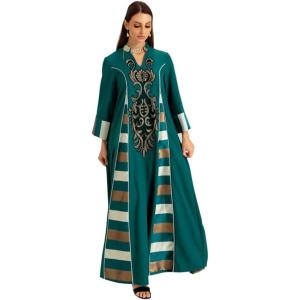 imageIDOPIP Abayas for Women Muslim Long Sleeve Embroidery Applique Maxi Kaftan Dresses Casual Loose Full Cover Islamic Dubai RobeGreen  Striped