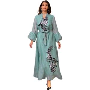 imageIDOPIP Abayas for Women Muslim Long Sleeve Embroidery Applique Maxi Kaftan Dresses Casual Loose Full Cover Islamic Dubai RobeGreen