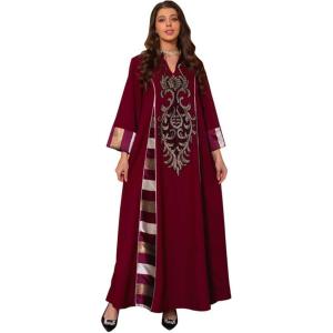 imageIDOPIP Abayas for Women Muslim Long Sleeve Embroidery Applique Maxi Kaftan Dresses Casual Loose Full Cover Islamic Dubai RobeWine Red  Striped