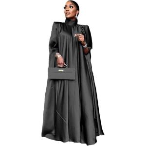 imageIDOPIP Abayas for Women Muslim Loose Maxi Satin Kaftan Dresses Islamic Dubai Oversized Swing Turtleneck Batwing Sleeve Gown