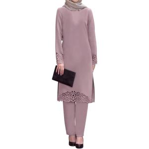 imageIDOPIP Abayas for Women Muslim Outfits Long Sleeve Hollow Out Islamic Prayer Dress Top with Pants 2PCS Dubai Kaftan Clothes