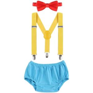 imageIDOPIP Baby Boys Circus Cake Smash Outfit Little Clown Costume 1st Birthday Diaper Cover Suspender Bowtie Set for Photo PartyBlue  Yellow  Red