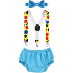imageIDOPIP Baby Boys Circus Cake Smash Outfit Little Clown Costume 1st Birthday Diaper Cover Suspender Bowtie Set for Photo PartyBlue