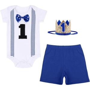 imageIDOPIP Baby Boys First Birthday Cake Smash Outfit Bowtie Romper  Shorts Bodysuit  Sequins Crown 3PCS Set Photo Prop