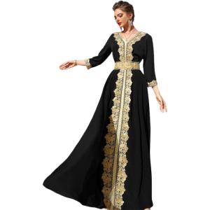 imageIDOPIP Embroidery Abayas for Women Muslim Moroccan Floral Maxi Kaftan Dress Arabic Islamic Dubai Robe Ramadan Prayer ClothesBlack