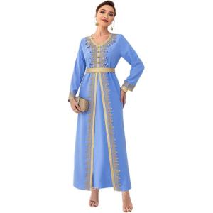 imageIDOPIP Embroidery Abayas for Women Muslim Moroccan Floral Maxi Kaftan Dress Arabic Islamic Dubai Robe Ramadan Prayer ClothesBlue