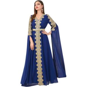 imageIDOPIP Embroidery Abayas for Women Muslim Moroccan Floral Maxi Kaftan Dress Arabic Islamic Dubai Robe Ramadan Prayer ClothesDark Blue
