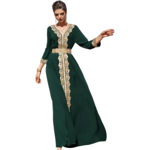 imageIDOPIP Embroidery Abayas for Women Muslim Moroccan Floral Maxi Kaftan Dress Arabic Islamic Dubai Robe Ramadan Prayer ClothesGreen