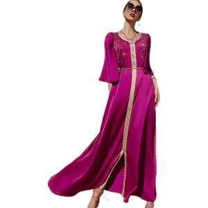 imageIDOPIP Embroidery Abayas for Women Muslim Moroccan Floral Maxi Kaftan Dress Arabic Islamic Dubai Robe Ramadan Prayer ClothesHot Pink
