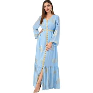 imageIDOPIP Embroidery Abayas for Women Muslim Moroccan Floral Maxi Kaftan Dress Arabic Islamic Dubai Robe Ramadan Prayer ClothesLight Blue