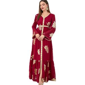 imageIDOPIP Embroidery Abayas for Women Muslim Moroccan Floral Maxi Kaftan Dress Arabic Islamic Dubai Robe Ramadan Prayer ClothesRed