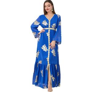 imageIDOPIP Embroidery Abayas for Women Muslim Moroccan Floral Maxi Kaftan Dress Arabic Islamic Dubai Robe Ramadan Prayer ClothesRoyal Blue