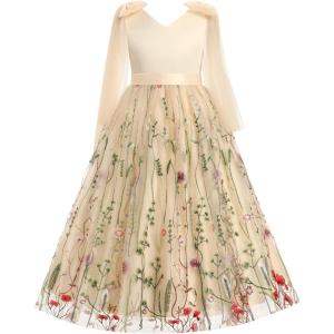imageIDOPIP Embroidery Flower Girl Dress for Kids Wedding Pageant Party Communion Dresses Princess Bridesmaid VBackless Maxi GownApricot  Sleeveless