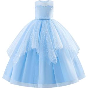 imageIDOPIP Flower Girl Sequin Appliques Dress for Kids Wedding Pageant Party Long Gown Princess Birthday Communion Tulle DressesBlue  Sequin