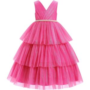 imageIDOPIP Flower Girls Tulle VNeck Bowknot Dress for Kids Long A Line Wedding Pageant Dresses Princess Birthday Party Ball GownHot Pink