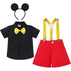 imageIDOPIP Kids Baby Boys Birthday Cake Smash Outfit Gentleman Necktie Shirt Suspenders Shorts Ears Halloween Christmas CostumeBlack  Red 4pcs