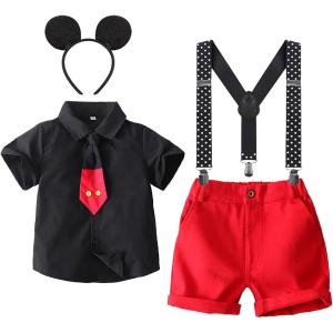 imageIDOPIP Kids Baby Boys Birthday Cake Smash Outfit Gentleman Necktie Shirt Suspenders Shorts Ears Halloween Christmas CostumeBlack 4pcs