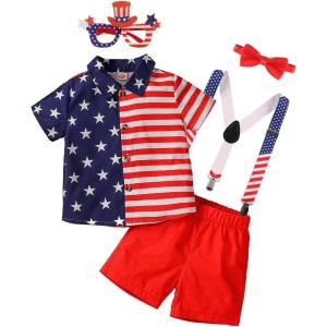 imageIDOPIP Kids Baby Boys Birthday Cake Smash Outfit Gentleman Necktie Shirt Suspenders Shorts Ears Halloween Christmas CostumeRed Star Stripe 4pcs