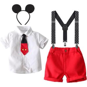 imageIDOPIP Kids Baby Boys Birthday Cake Smash Outfit Gentleman Necktie Shirt Suspenders Shorts Ears Halloween Christmas CostumeWhite 4pcs