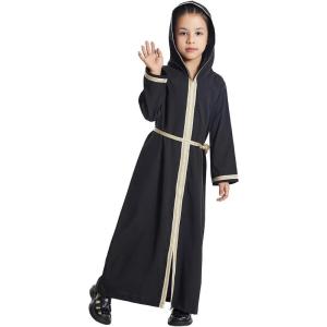 imageIDOPIP Kids Girls Muslim Abaya Dress with Belt Long Sleeve Zip Hooded Islamic Kaftan Maxi Dress Full Cover Thobe Gown ClothesBlack Hooded