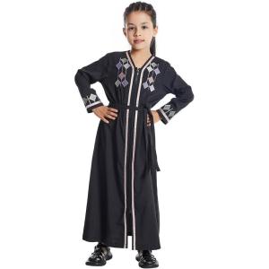 imageIDOPIP Kids Girls Muslim Abaya Dress with Belt Long Sleeve Zip Hooded Islamic Kaftan Maxi Dress Full Cover Thobe Gown ClothesBlack No Hooded