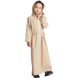 imageIDOPIP Kids Girls Muslim Abaya Dress with Belt Long Sleeve Zip Hooded Islamic Kaftan Maxi Dress Full Cover Thobe Gown ClothesCamel Hooded