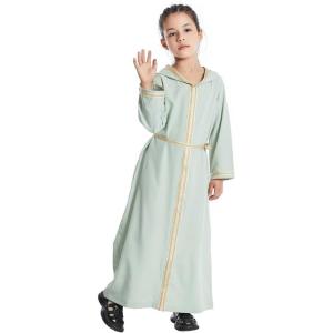imageIDOPIP Kids Girls Muslim Abaya Dress with Belt Long Sleeve Zip Hooded Islamic Kaftan Maxi Dress Full Cover Thobe Gown ClothesGreen Hooded