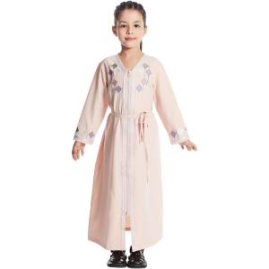 imageIDOPIP Kids Girls Muslim Abaya Dress with Belt Long Sleeve Zip Hooded Islamic Kaftan Maxi Dress Full Cover Thobe Gown ClothesPink No Hooded