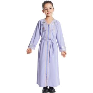 imageIDOPIP Kids Girls Muslim Abaya Dress with Belt Long Sleeve Zip Hooded Islamic Kaftan Maxi Dress Full Cover Thobe Gown ClothesPurple No Hooded