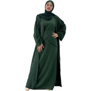 imageIDOPIP Muslim Abaya Dress for Women Long Sleeve Open Front Cardigan  Kaftan  Skirt  Hijab 34PCS Islamic Prayer Outfit SetBlackish Green  Hijab