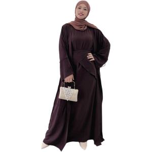 imageIDOPIP Muslim Abaya Dress for Women Long Sleeve Open Front Cardigan  Kaftan  Skirt  Hijab 34PCS Islamic Prayer Outfit SetCoffee  Hijab