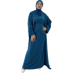 imageIDOPIP Muslim Abaya Dress for Women Long Sleeve Open Front Cardigan  Kaftan  Skirt  Hijab 34PCS Islamic Prayer Outfit SetDark Blue  Hijab