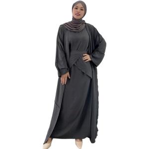 imageIDOPIP Muslim Abaya Dress for Women Long Sleeve Open Front Cardigan  Kaftan  Skirt  Hijab 34PCS Islamic Prayer Outfit SetGray  Hijab