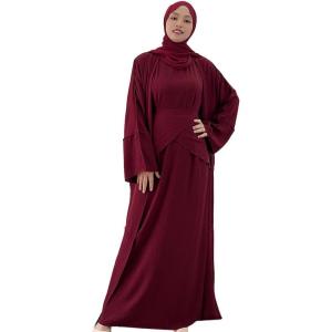imageIDOPIP Muslim Abaya Dress for Women Long Sleeve Open Front Cardigan  Kaftan  Skirt  Hijab 34PCS Islamic Prayer Outfit SetWine Red  Hijab