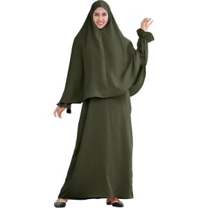 imageIDOPIP Muslim Abaya for Women One Piece Long Sleeve Islamic Prayer Dress Maxi Kaftan Robe Prayer Clothes with Khimar HijabArmy Green