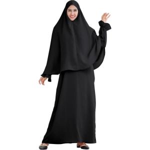 imageIDOPIP Muslim Abaya for Women One Piece Long Sleeve Islamic Prayer Dress Maxi Kaftan Robe Prayer Clothes with Khimar HijabBlack