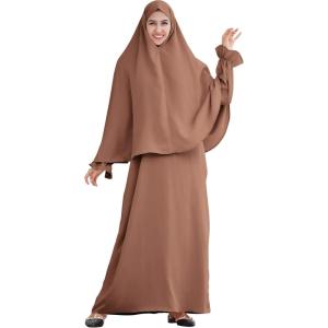 imageIDOPIP Muslim Abaya for Women One Piece Long Sleeve Islamic Prayer Dress Maxi Kaftan Robe Prayer Clothes with Khimar HijabBrown