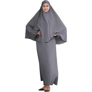 imageIDOPIP Muslim Abaya for Women One Piece Long Sleeve Islamic Prayer Dress Maxi Kaftan Robe Prayer Clothes with Khimar HijabGray