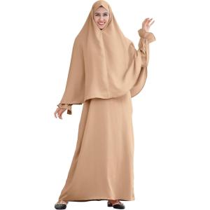 imageIDOPIP Muslim Abaya for Women One Piece Long Sleeve Islamic Prayer Dress Maxi Kaftan Robe Prayer Clothes with Khimar HijabKhaki