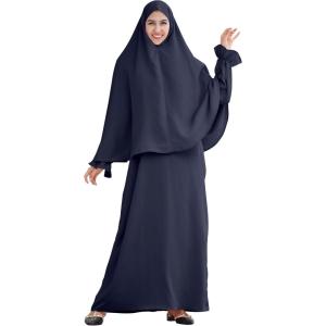 imageIDOPIP Muslim Abaya for Women One Piece Long Sleeve Islamic Prayer Dress Maxi Kaftan Robe Prayer Clothes with Khimar HijabNavy Blue