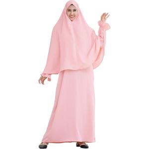 imageIDOPIP Muslim Abaya for Women One Piece Long Sleeve Islamic Prayer Dress Maxi Kaftan Robe Prayer Clothes with Khimar HijabPink