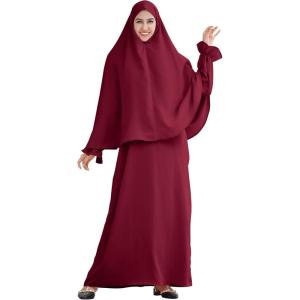 imageIDOPIP Muslim Abaya for Women One Piece Long Sleeve Islamic Prayer Dress Maxi Kaftan Robe Prayer Clothes with Khimar HijabWine Red