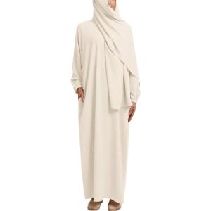 imageIDOPIP Muslim Abaya for Women One Piece Long Sleeve Islamic Prayer Dress with Hooded Hijab Jilbab Loose Maxi Kaftan Dubai Robe Full Length Cover Gown Middle East Modest Prayer Clothes Beige No1