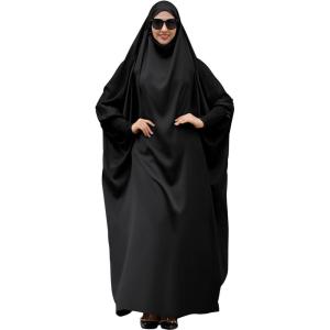 imageIDOPIP Muslim Abaya for Women One Piece Long Sleeve Islamic Prayer Dress with Hooded Hijab Maxi Kaftan Robe Modest ClothesBlack