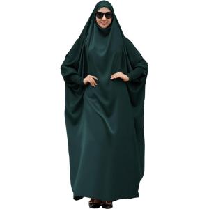 imageIDOPIP Muslim Abaya for Women One Piece Long Sleeve Islamic Prayer Dress with Hooded Hijab Maxi Kaftan Robe Modest ClothesBlackish Green