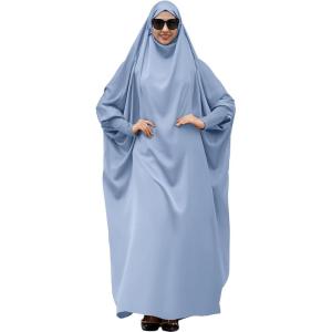 imageIDOPIP Muslim Abaya for Women One Piece Long Sleeve Islamic Prayer Dress with Hooded Hijab Maxi Kaftan Robe Modest ClothesBlue