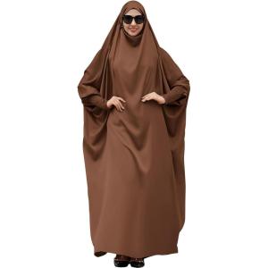 imageIDOPIP Muslim Abaya for Women One Piece Long Sleeve Islamic Prayer Dress with Hooded Hijab Maxi Kaftan Robe Modest ClothesCoffee
