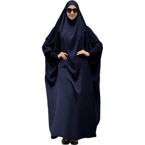 imageIDOPIP Muslim Abaya for Women One Piece Long Sleeve Islamic Prayer Dress with Hooded Hijab Maxi Kaftan Robe Modest ClothesNavy Blue
